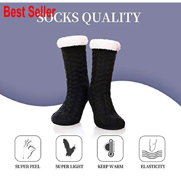 Fleece Lined Fuzzy Slipper Socks with Grippers Super Soft Cozy Winter Warm - Picture 6 of 8